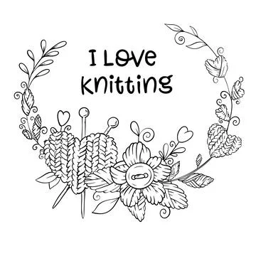 Vector illustration Wreath of knitted elements for needlewoman logo, hand d.. Stock Illustration