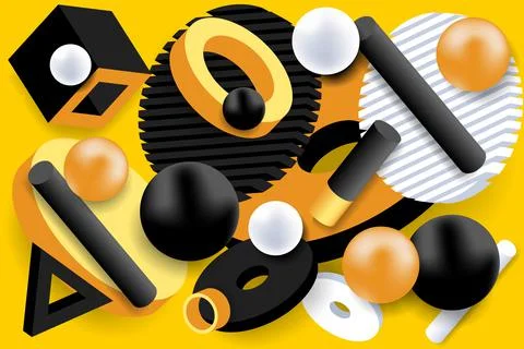 Vector illustration. Yellow and black background with 3D geometric shapes. Stock Illustration