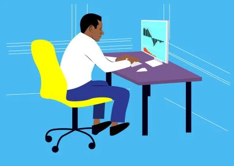 Vector illustration. Young black man using laptop in office. Afro-American bu Stock Illustration