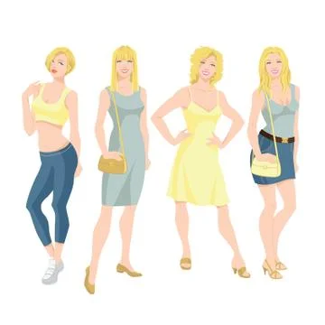 Vector illustration of young blondy woman in different clothes Stock Illustration