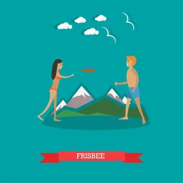 Vector illustration of young couple playing frisbee on the beach Stock Illustration