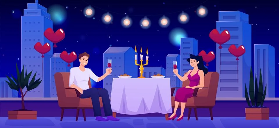 Vector illustration of young couple on a rooftop terrace with glasses of wine Ilustração Stock