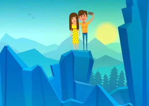 Vector illustration, Young couple taking selfie on top of mountain Stock Illustration