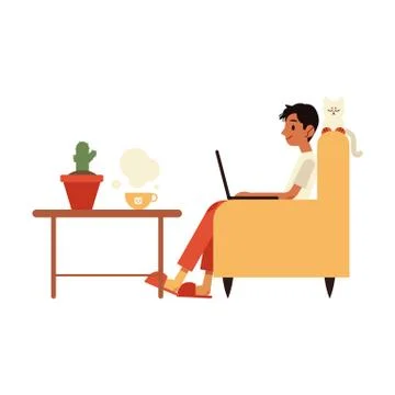 Vector illustration of young freelancer in slippers working with laptop at home Stockillustratie