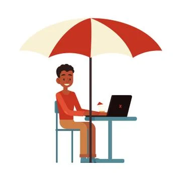 Vector illustration of young freelancer working with laptop in summer cafe. Stockillustratie