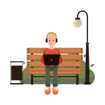 Vector illustration of young freelancer working with laptop in public park Stockillustratie