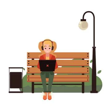 Vector illustration of young freelancer working with laptop in public park Stockillustratie