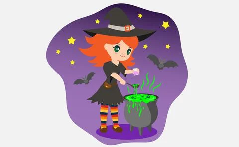 Vector illustration of young funny witch is cooking something poisonous in he Stock Illustration