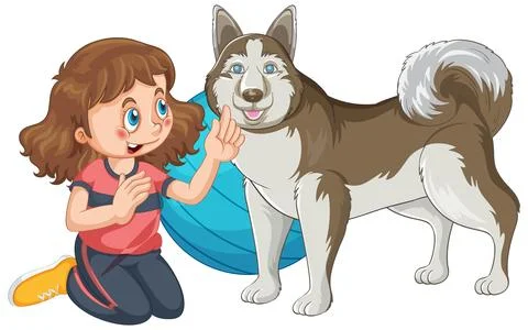 Vector Illustration of a Young Girl Training Her Siberian Husky Dog Stock Illustration