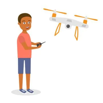 Vector illustration of young happy afro american man with quadrocopter or dro Stock Illustration