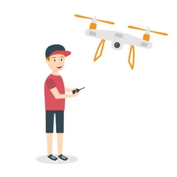 Vector illustration of young happy man with quadrocopter or drone. Air drone  Stock Illustration