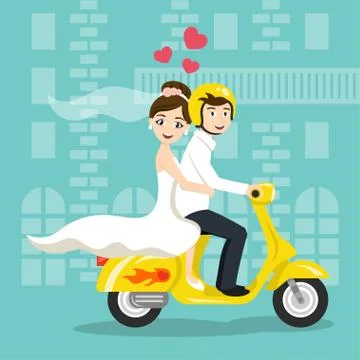 Vector illustration of young happy newlyweds bride and groom riding on scoote Illustrazione stock