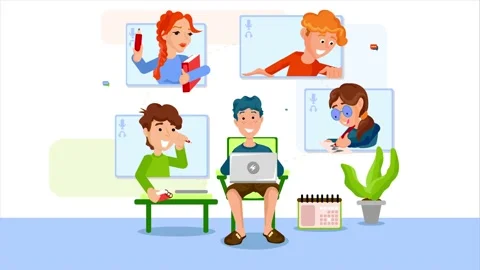 Vector illustration of young learners doing e-learning through online. Stock Footage 233841778