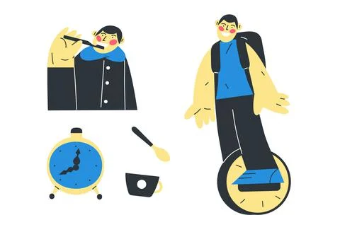 Vector illustration of a young man with a backpack rides a monowheel Illustrazione stock