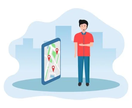 Vector illustration of a young man with a headset standing next to a phone Stock Illustration