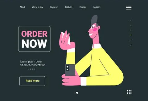 Vector illustration young man holding a plastic card, order now Illustrazione stock