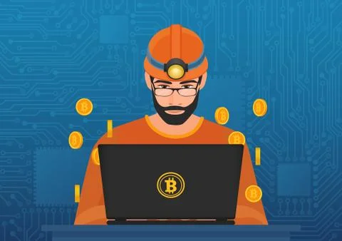 Vector illustration of young man miner in hardhat sitting at laptop and mining Stock Illustration