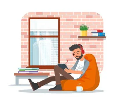Vector illustration of young man using tablet, flat design イラスト素材