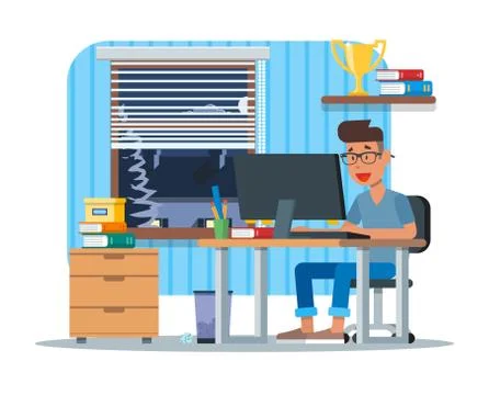 Vector illustration of young man working at computer, flat design Stock Illustration