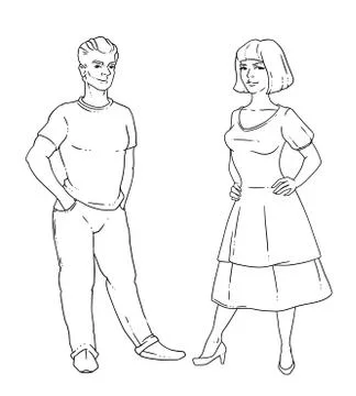 Vector illustration of a young married couple. A woman and a man smile and stand Stock Illustration