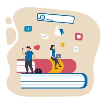 Vector illustration with young people, students in studying process. Concept of 스톡 일러스트
