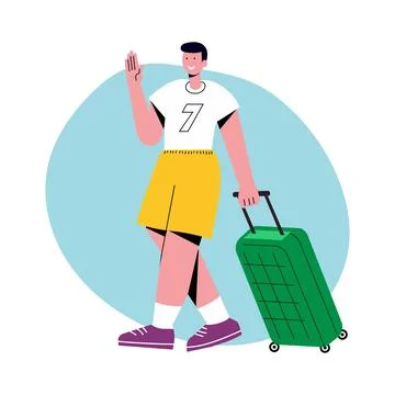 Vector illustration of a young smilling man walking with a suitcase. Modern.. Stock Illustration