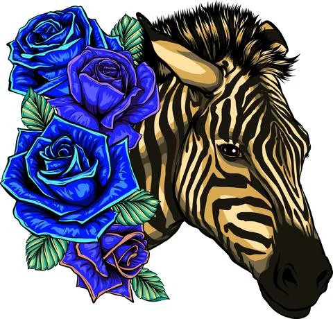 Vector illustration of zebra head with blue roses Stock Illustration
