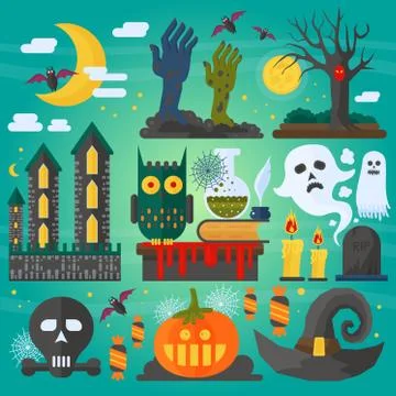 Vector illustration of zombie hands, bats, owl, ghost, castle and other 库存插图