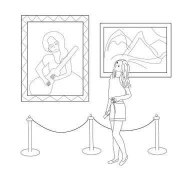 Vector illustrationin a linear style on a white background - girl in the museum Stock Illustration