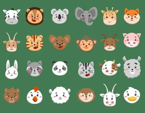 Vector illustrations of animal faces, large set, flat style Stock Illustration