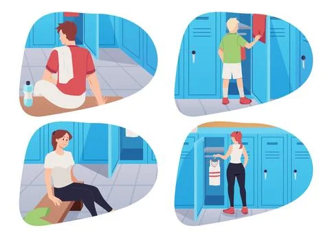Vector illustrations of athletes changing clothes and sitting in the locker room Stock Illustration