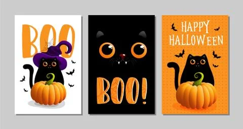 Vector illustrations with black cat. Halloween poster designs with symbols an Stock Illustration