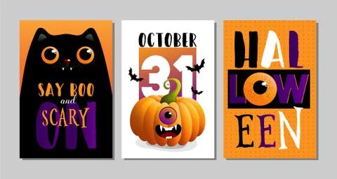 Vector illustrations with black cat. Halloween poster designs with symbols an Stock Illustration