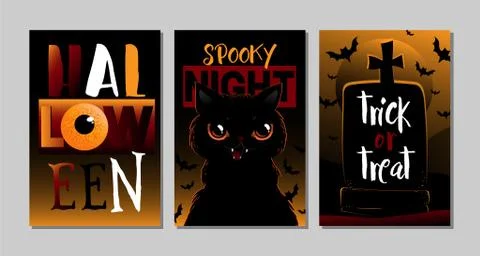 Vector illustrations with black cat. Halloween poster designs with symbols an Illustrazione stock