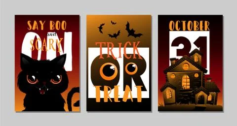 Vector illustrations with black cat. Halloween poster designs with symbols an Stock Illustration