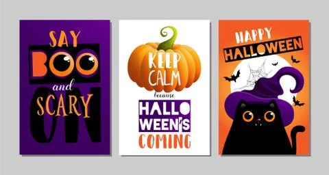 Vector illustrations with black cat. Halloween poster designs with symbols an Stock Illustration