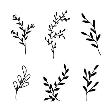 Vector illustrations of branches and leaves set. Hand drawn black floral elem Stock Illustration