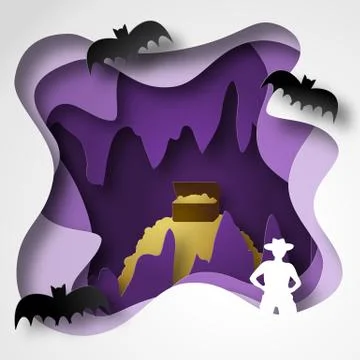 Vector illustrations of cave paper cut shadow box with gold, stalactites an.. Ilustración de archivo