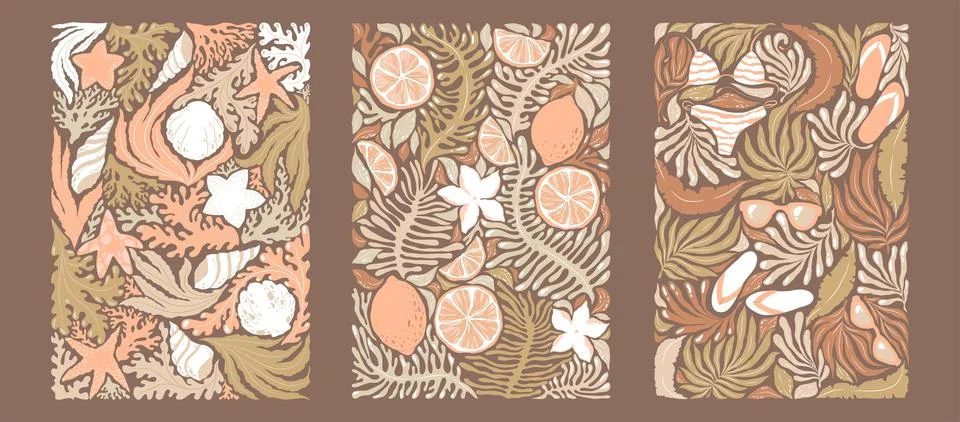 Vector illustrations collection with abstract summer beach prints in pastel.. Stock Illustration