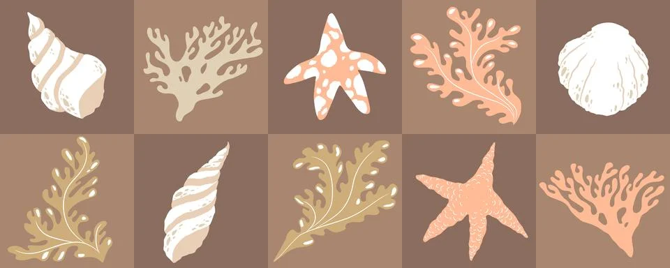 Vector illustrations collection with abstract summer beach prints in pastel.. Stock Illustration