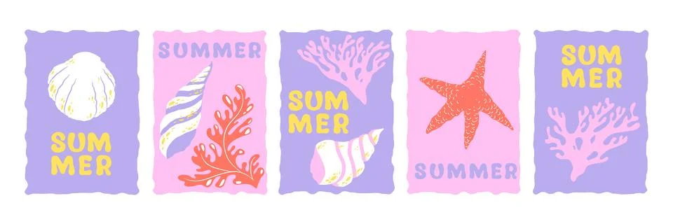 Vector illustrations collection with abstract summer beach prints seashell,.. Illustrazione stock