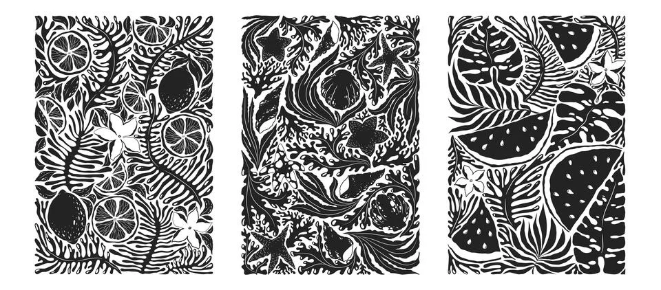 Vector illustrations collection with black and white abstract summer prints.. Stock Illustration
