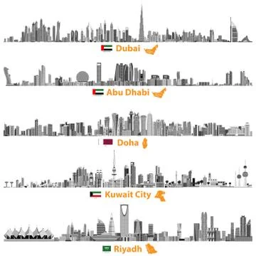 Vector illustrations of Dubai, Abu Dhabi, Doha, Riyadh and Kuwait city skylines イラスト素材