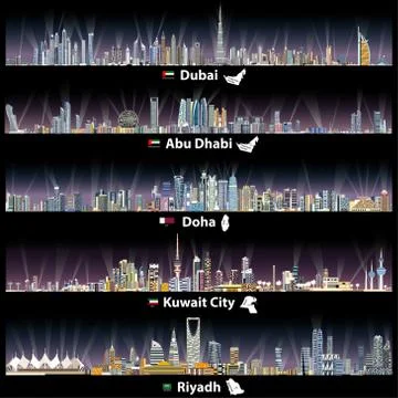 Vector illustrations of Dubai, Abu Dhabi, Doha, Riyadh and Kuwait city skylines Ilustración de archivo