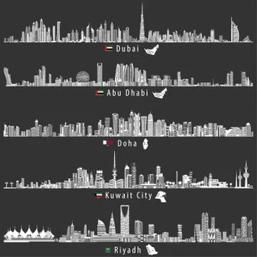 Vector illustrations of Dubai, Abu Dhabi, Doha, Riyadh and Kuwait city skylines Ilustración de archivo