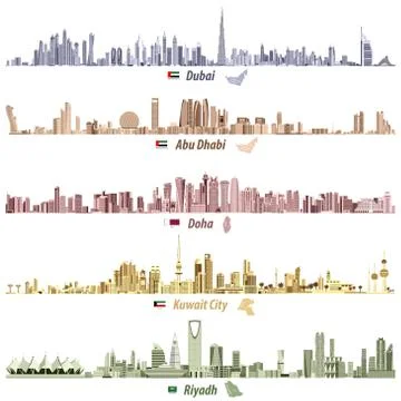 Vector illustrations of Dubai, Abu Dhabi, Doha, Riyadh and Kuwait city skylines Ilustración de archivo
