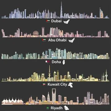 Vector illustrations of Dubai, Abu Dhabi, Doha, Riyadh and Kuwait city skylines Ilustración de archivo