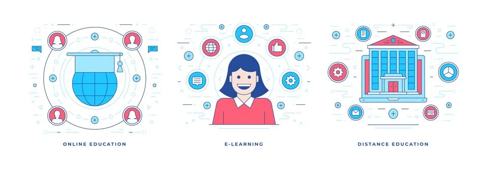 Vector illustrations of flat line banners with icons for various online edu.. Stock Illustration