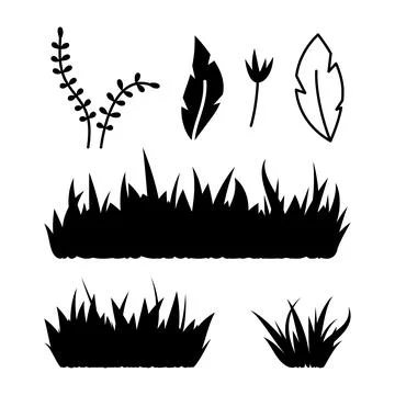 Vector illustrations of grass silhouettes, branches and leaves set. Hand draw Stock Illustration