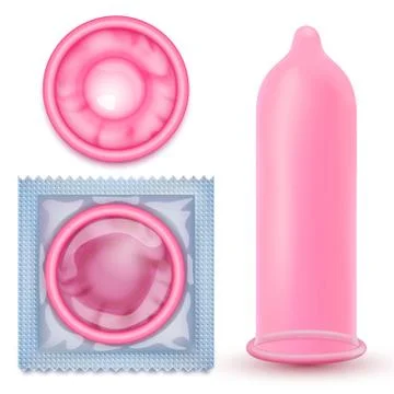 Vector illustrations of pink latex condoms in packing and without. 스톡 일러스트